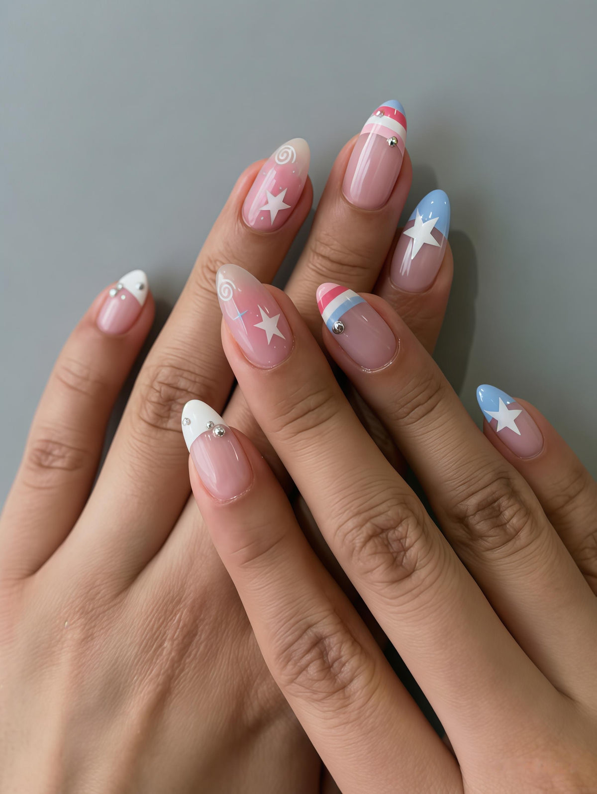 Pink and Blue Star French Tip Press On Nails with Rhinestones