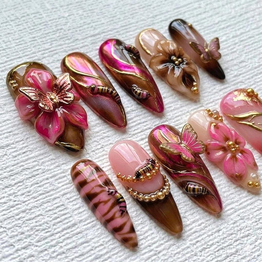 Pink and Brown Butterfly Press On Nails With 3D Flowers and Gold Chrome