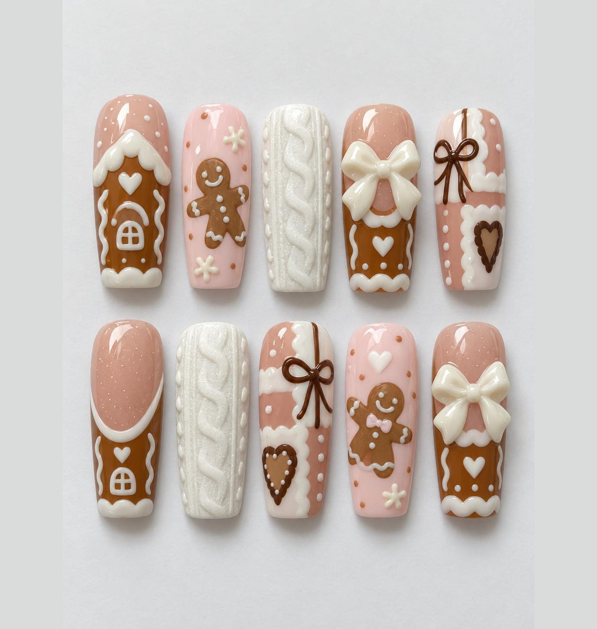 Pink and Brown Gingerbread Christmas Nails with Raised Bows and Cable-Knit Details