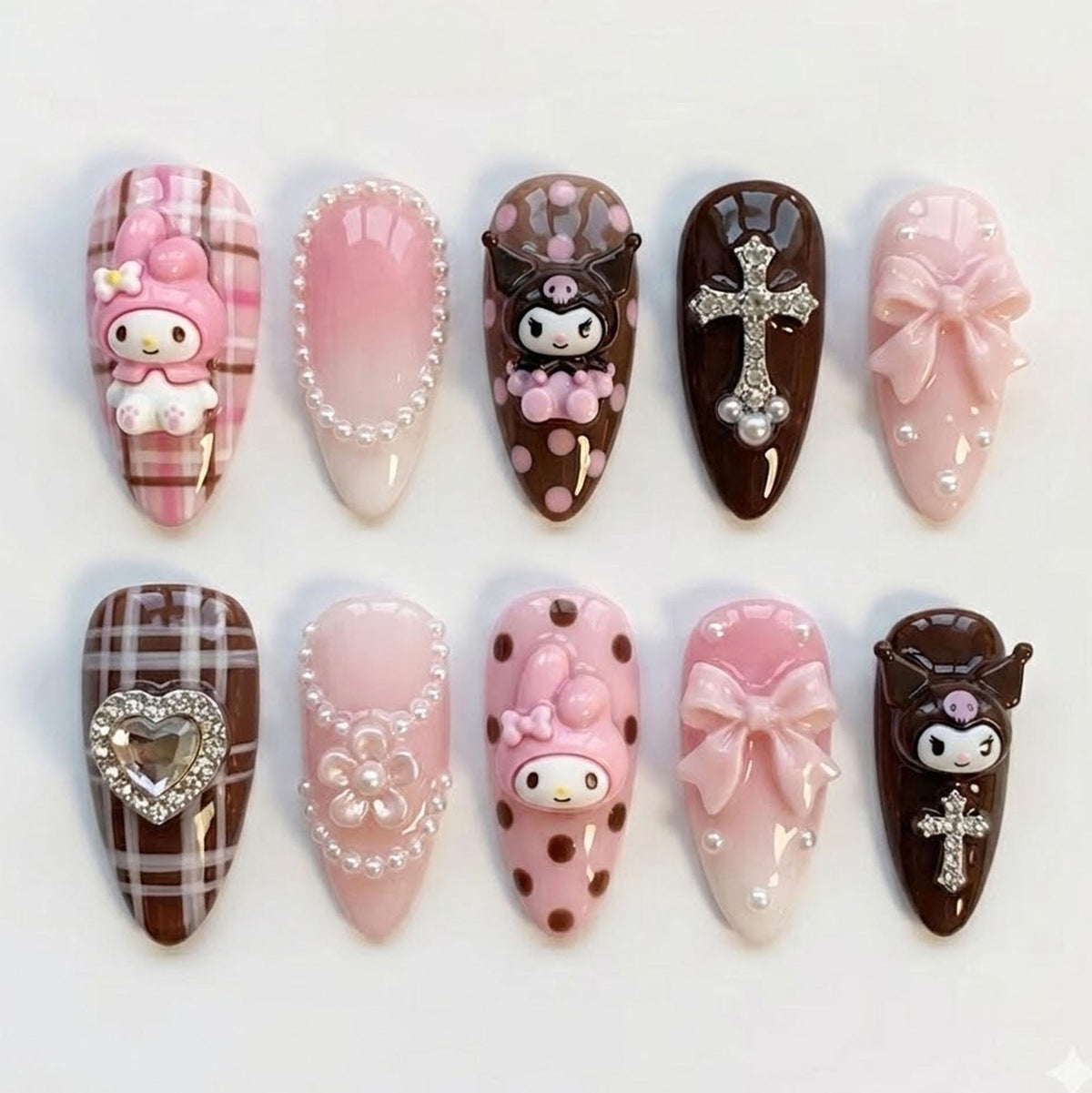 Pink and Brown Plaid, Bow, and 3D Character Nail Set