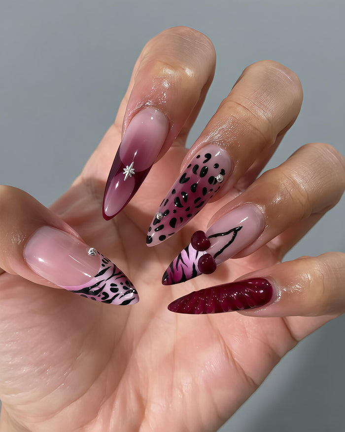Pink and Burgundy Leopard Print Press On Nails with 3D Cherry and Rhinestones