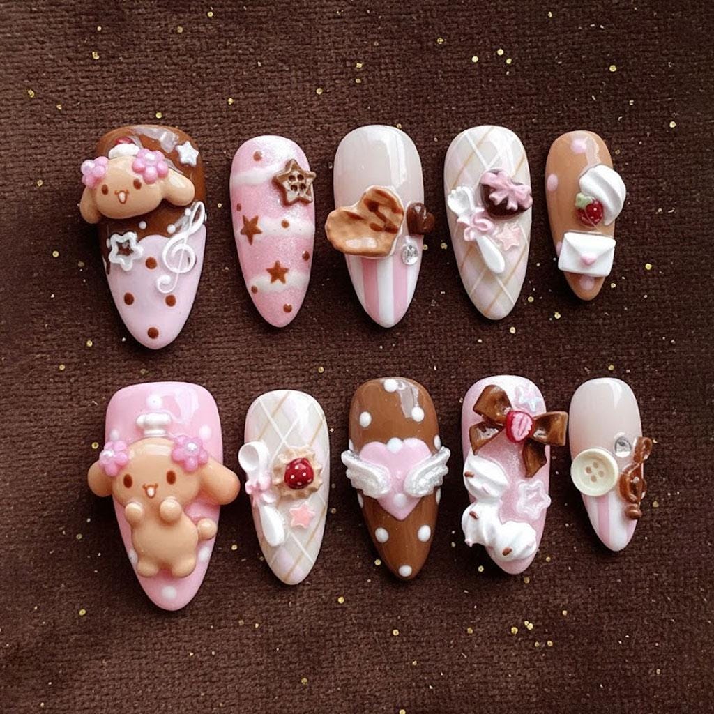 Pink and Chocolate Brown Kawaii Nails with 3D Bears, Bows, Flowers, and Plaid