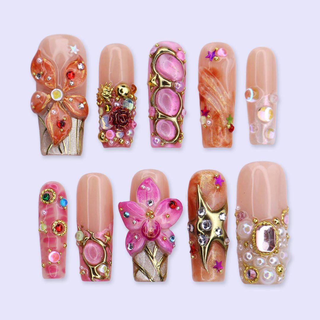 Pink and Coral 3D Flower Press On Nails with Gold Details and Gems
