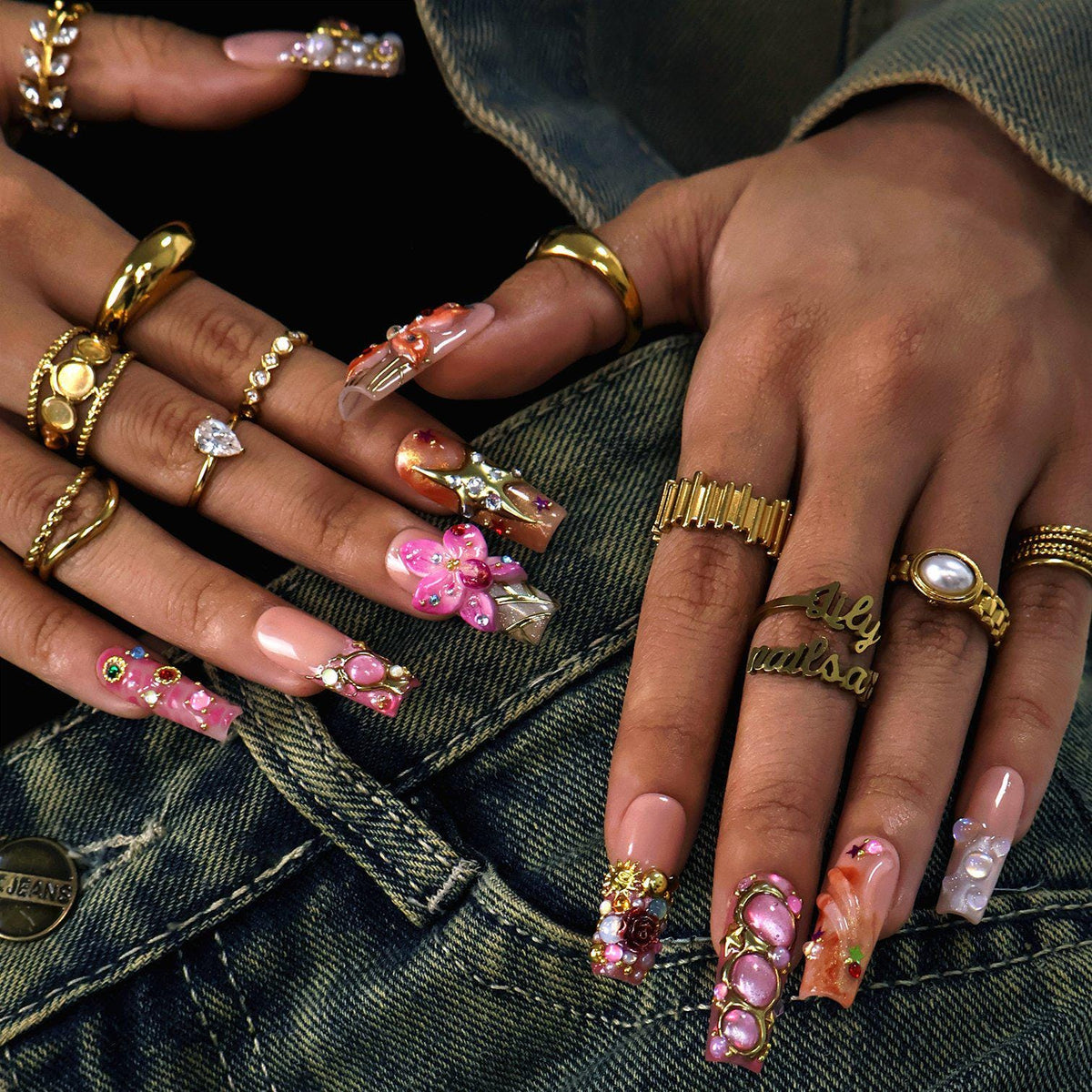 Pink and Coral 3D Flower Press On Nails with Gold Details and Gems