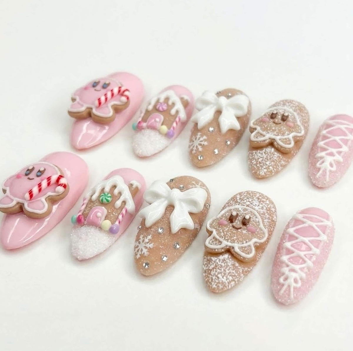 Pink and Gingerbread Brown Christmas Nails with 3D Bows, Snowflakes and Gingerbread Characters