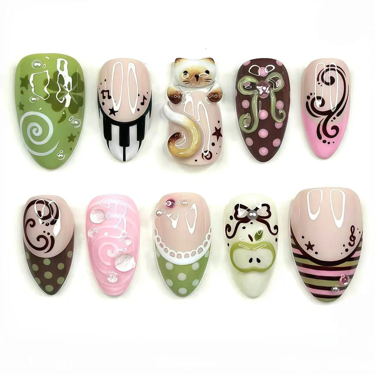 Pink and Green Cartoon Swirl Nail Set