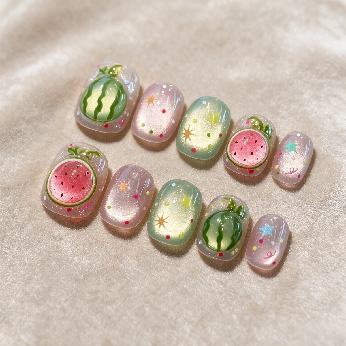 Pink and Green Cat Eye Watermelon Nails With 3D Fruit and Colorful Stars