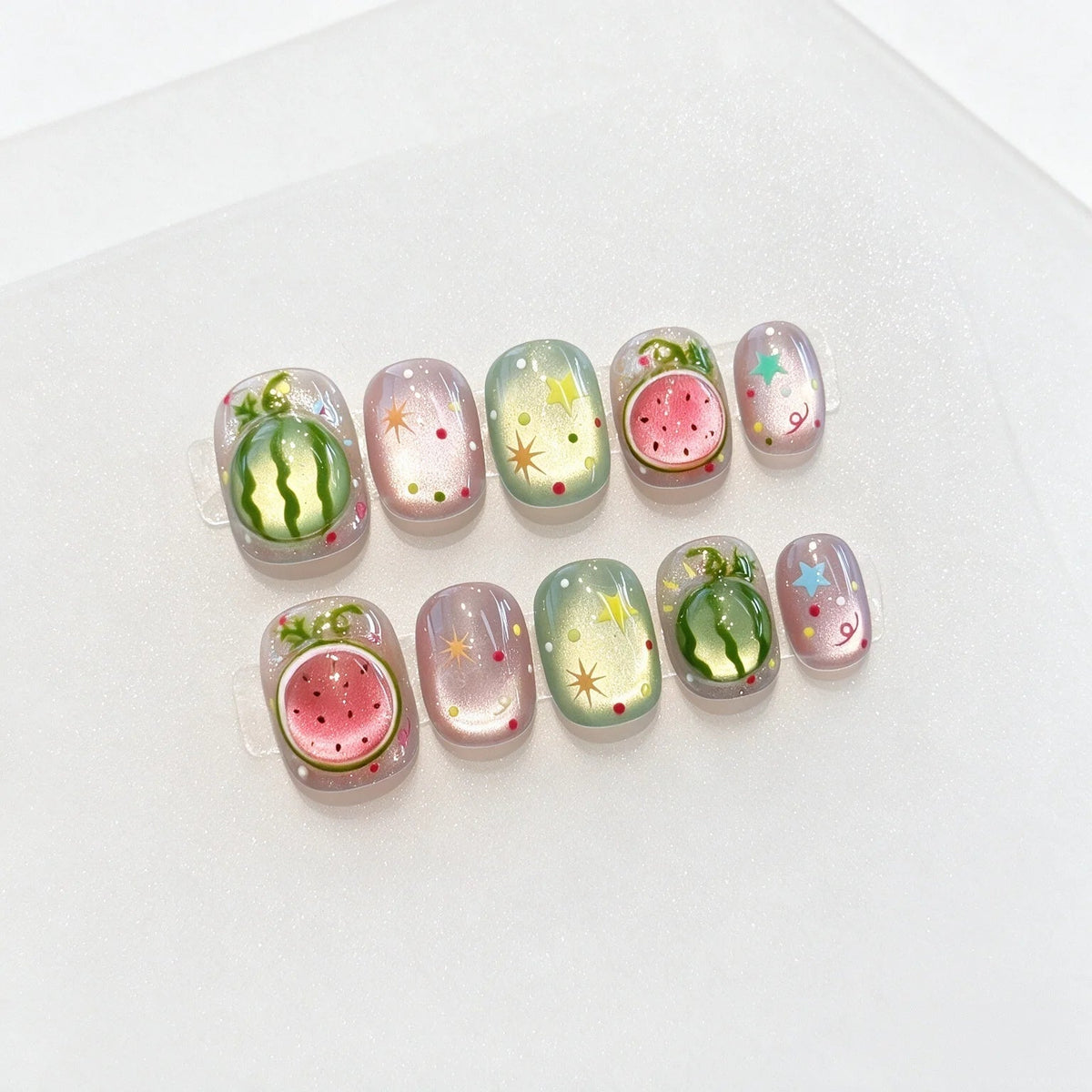Pink and Green Cat Eye Watermelon Nails With 3D Fruit and Colorful Stars