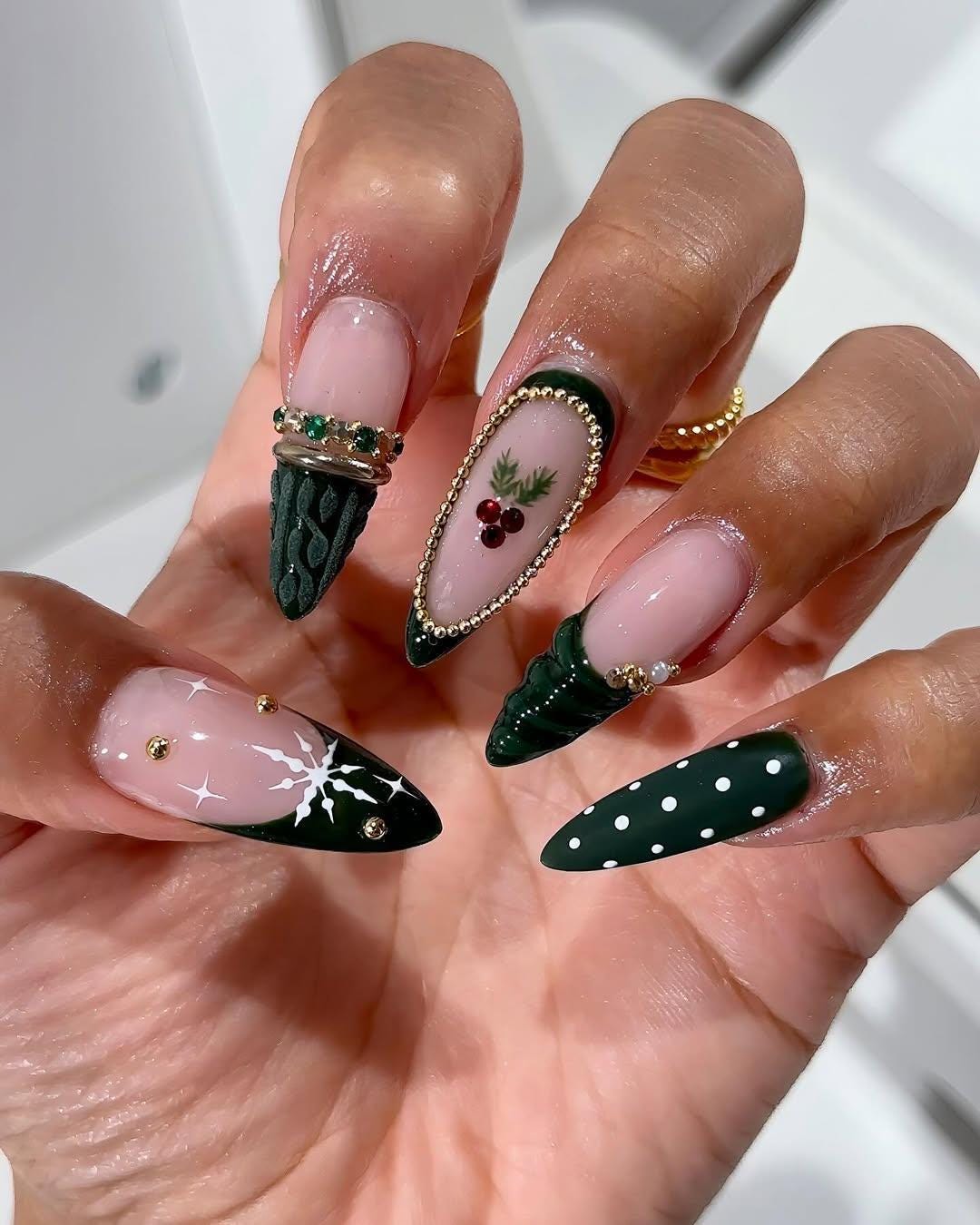 Pink and Green Holly Berry Christmas Press On Nails with Gold Beading