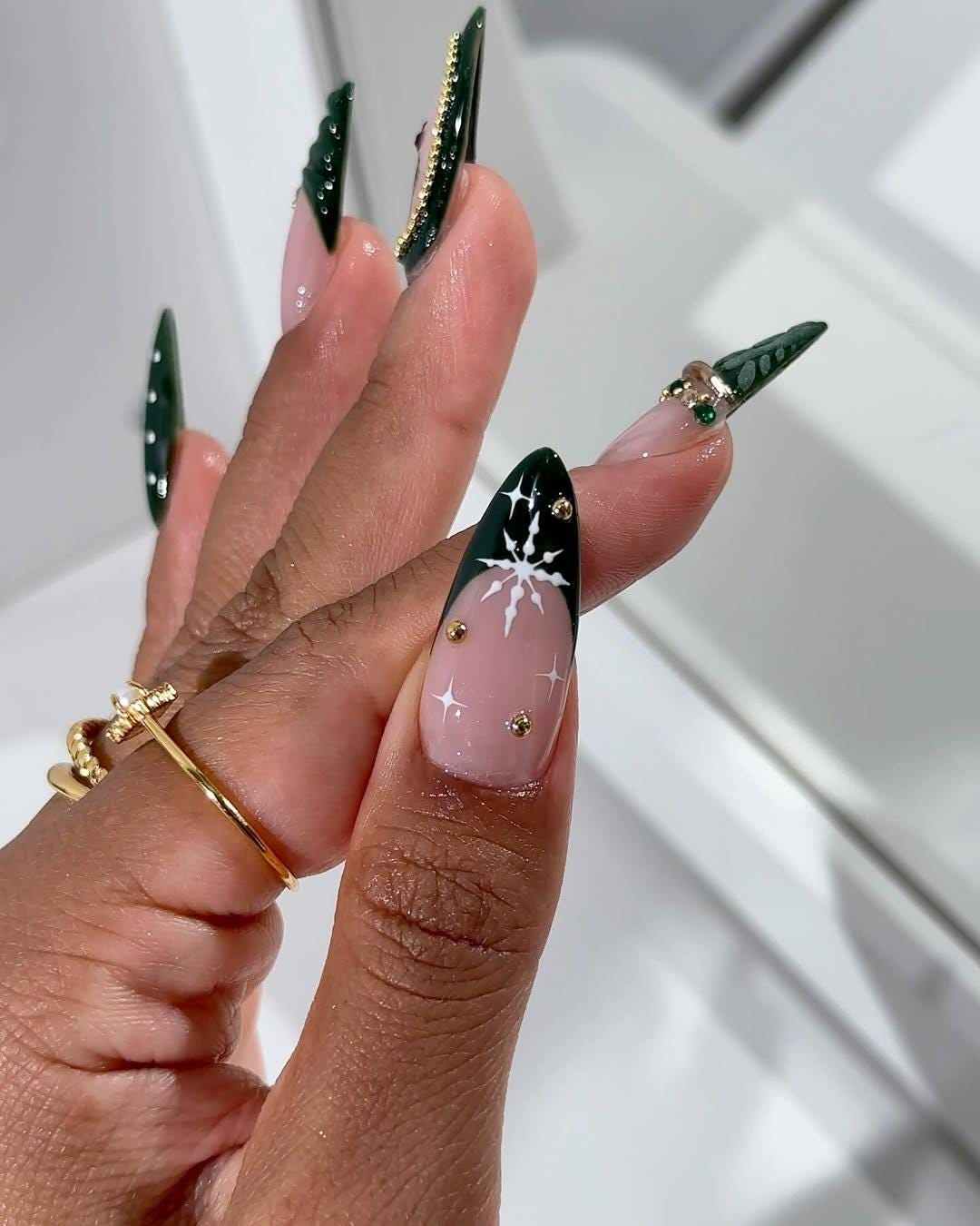 Pink and Green Holly Berry Christmas Press On Nails with Gold Beading