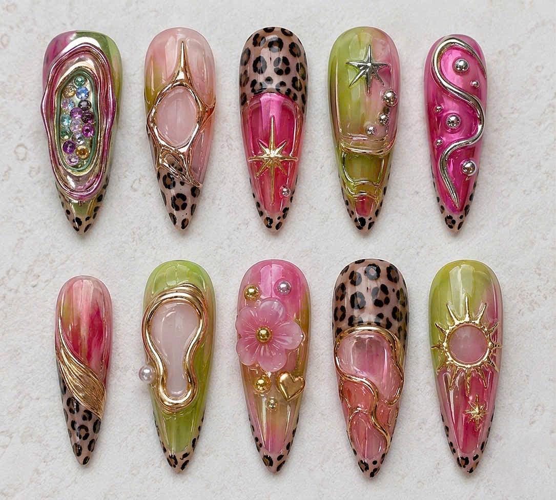 Pink and Green Leopard Print Nails with Gold Celestial Details and Rhinestones