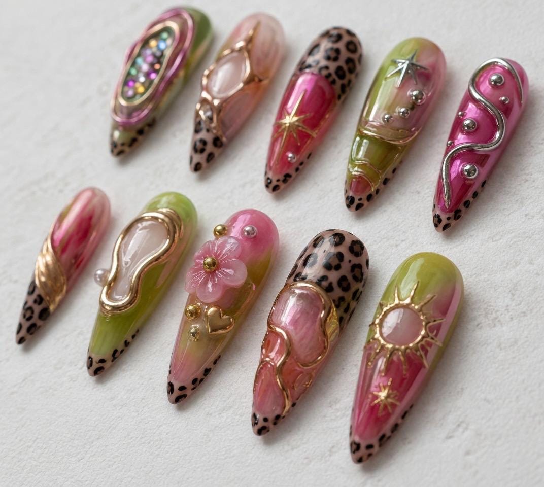 Pink and Green Leopard Print Nails with Gold Celestial Details and Rhinestones