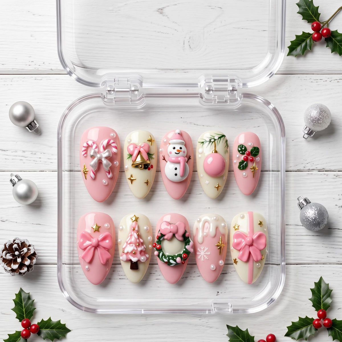 Pink and Ivory Christmas Nails With Snowmen, Trees, Wreaths, and 3D Bows