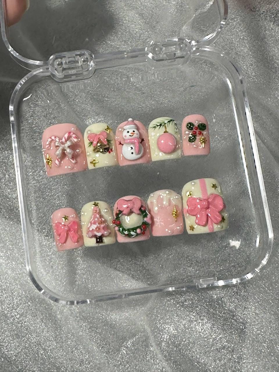 Pink and Ivory Christmas Nails With Snowmen, Trees, Wreaths, and 3D Bows