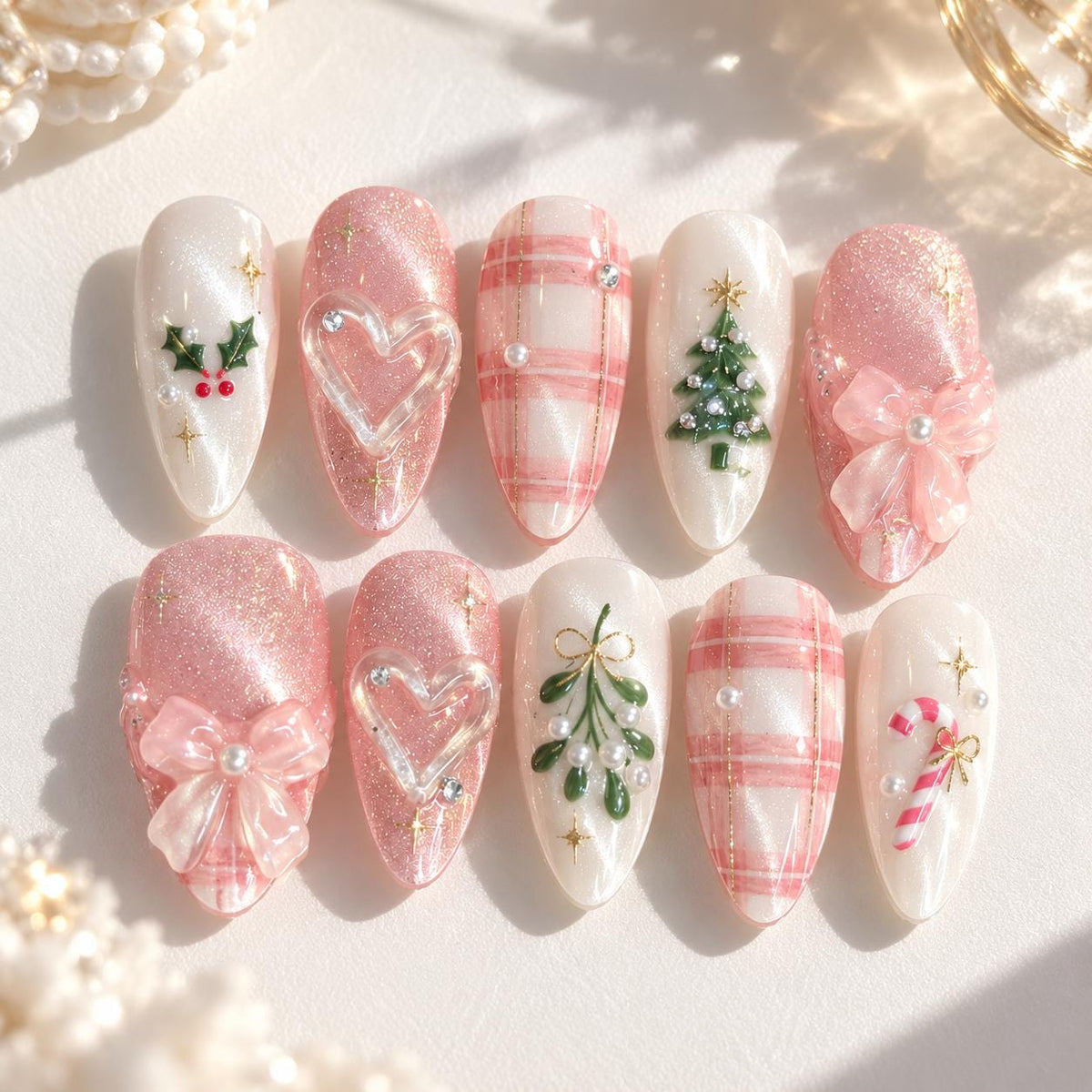 Pink and Ivory Christmas Plaid Cat Eye Press On Nails with 3D Bows