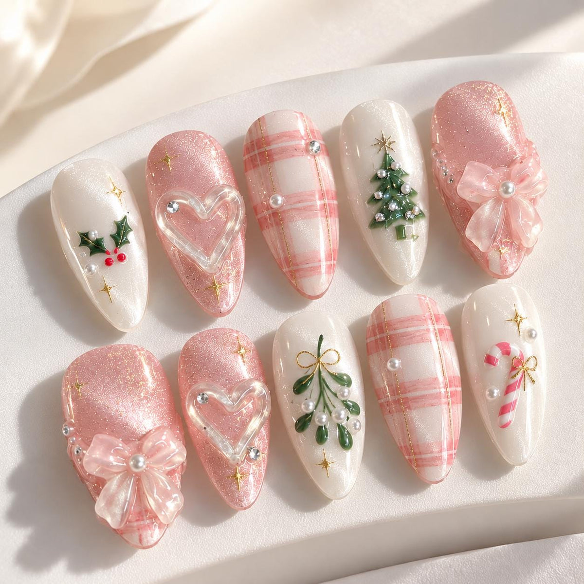 Pink and Ivory Christmas Plaid Cat Eye Press On Nails with 3D Bows