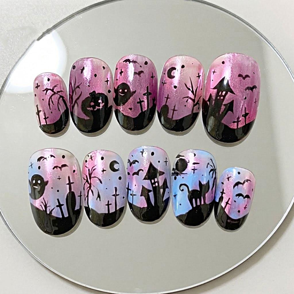 Pink and Lavender Gothic Graveyard Halloween Press-On Nails