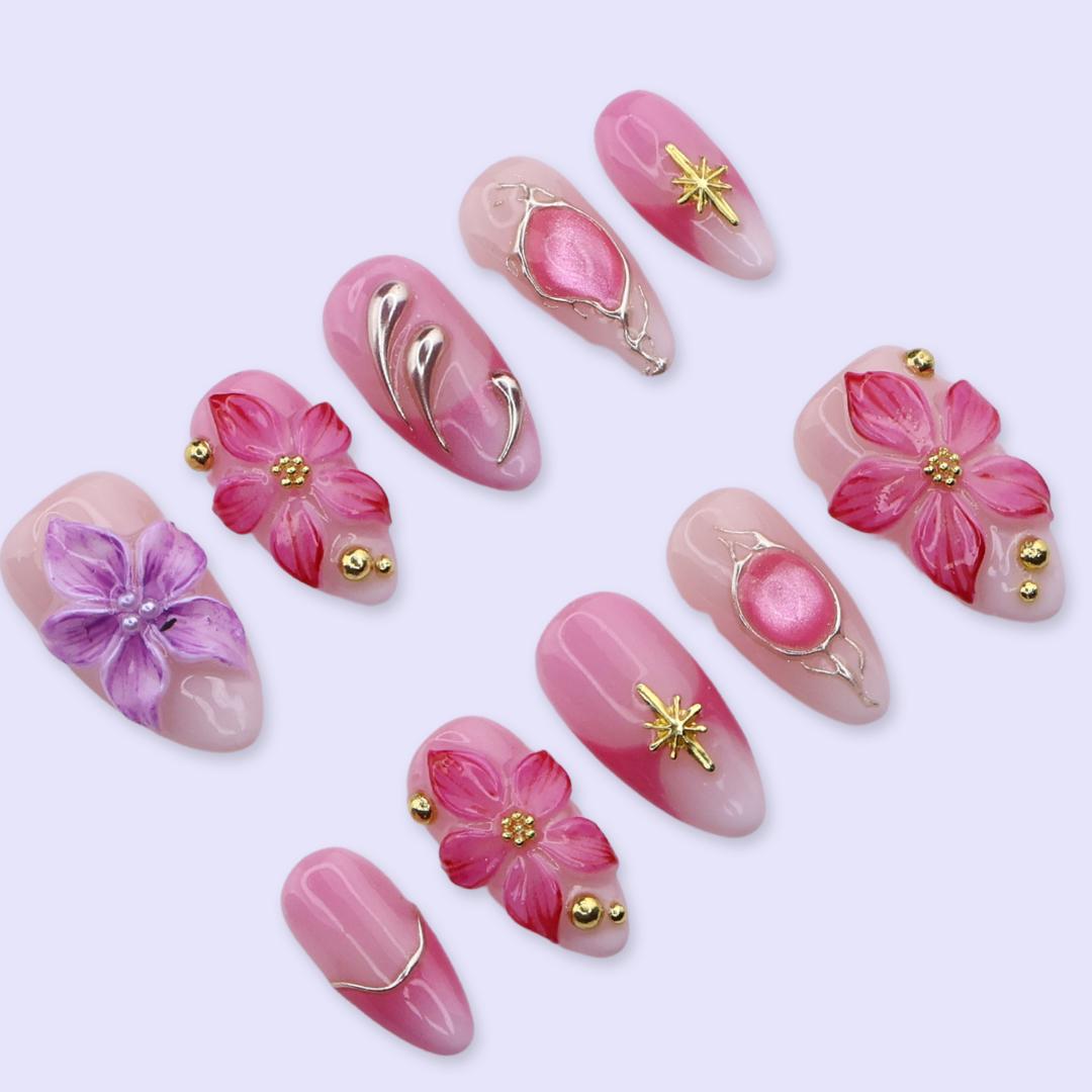 Pink and Lilac 3D Flower Press On Nails with Gold Starburst Charms