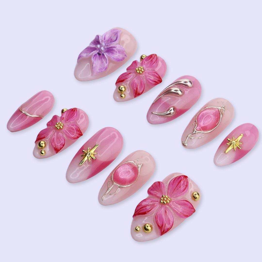 Pink and Lilac 3D Flower Press On Nails with Gold Starburst Charms