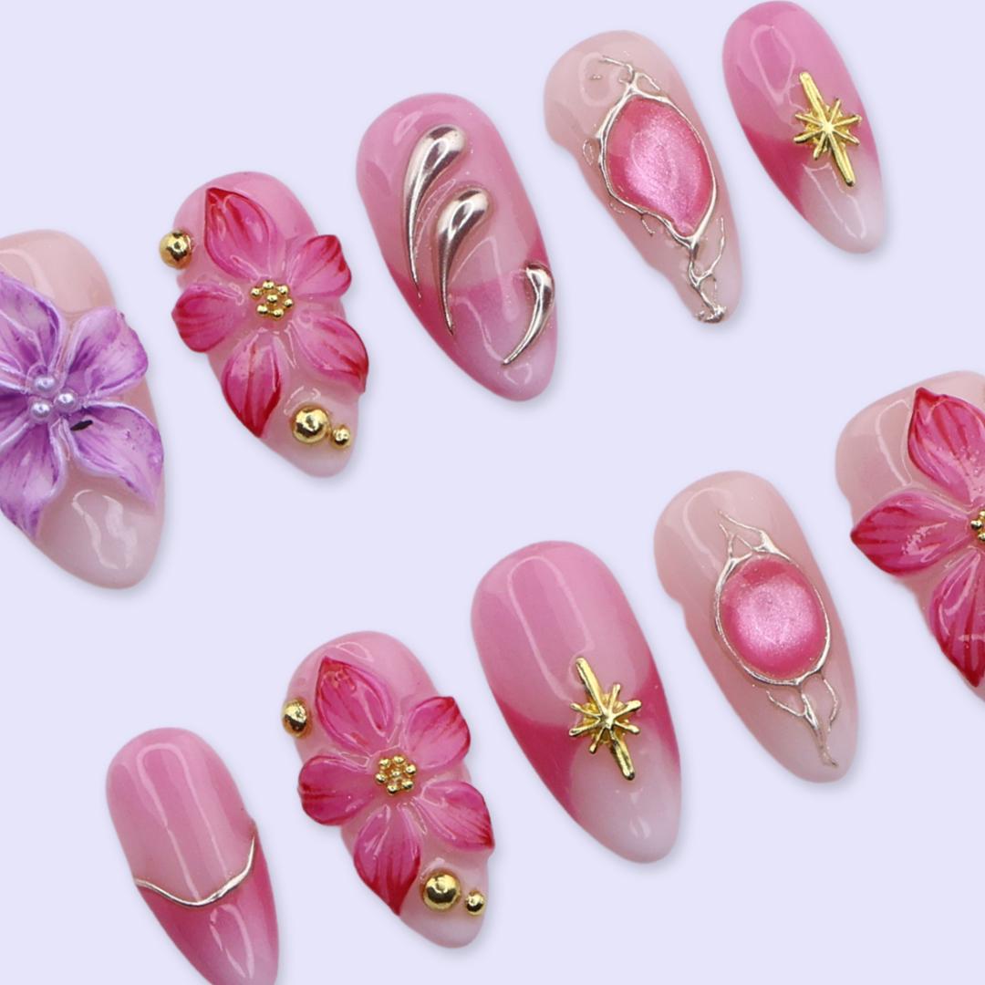 Pink and Lilac 3D Flower Press On Nails with Gold Starburst Charms