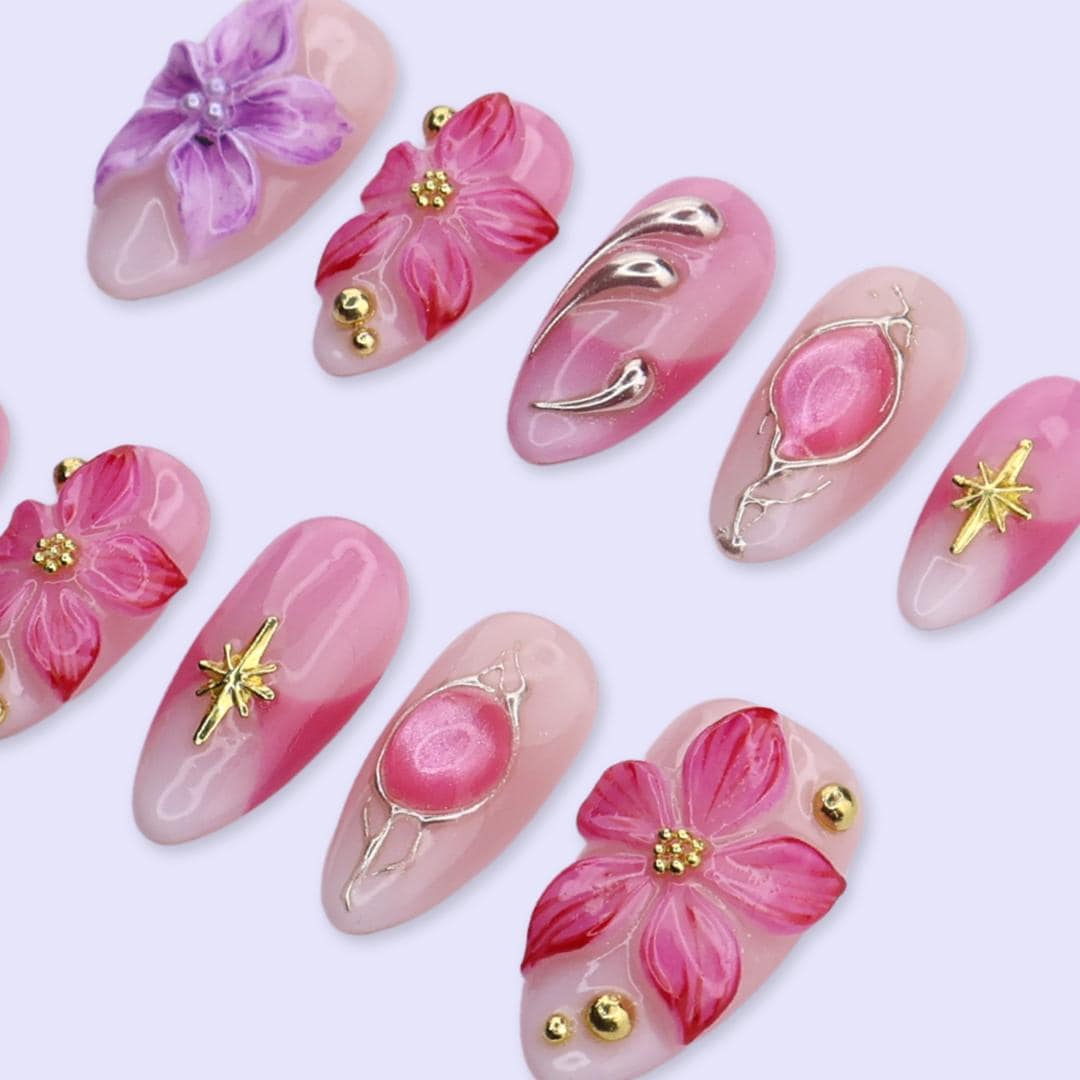Pink and Lilac 3D Flower Press On Nails with Gold Starburst Charms