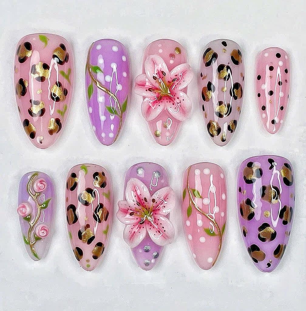 Pink and Lilac Leopard Floral Press-On Nails With 3D Lily Flowers