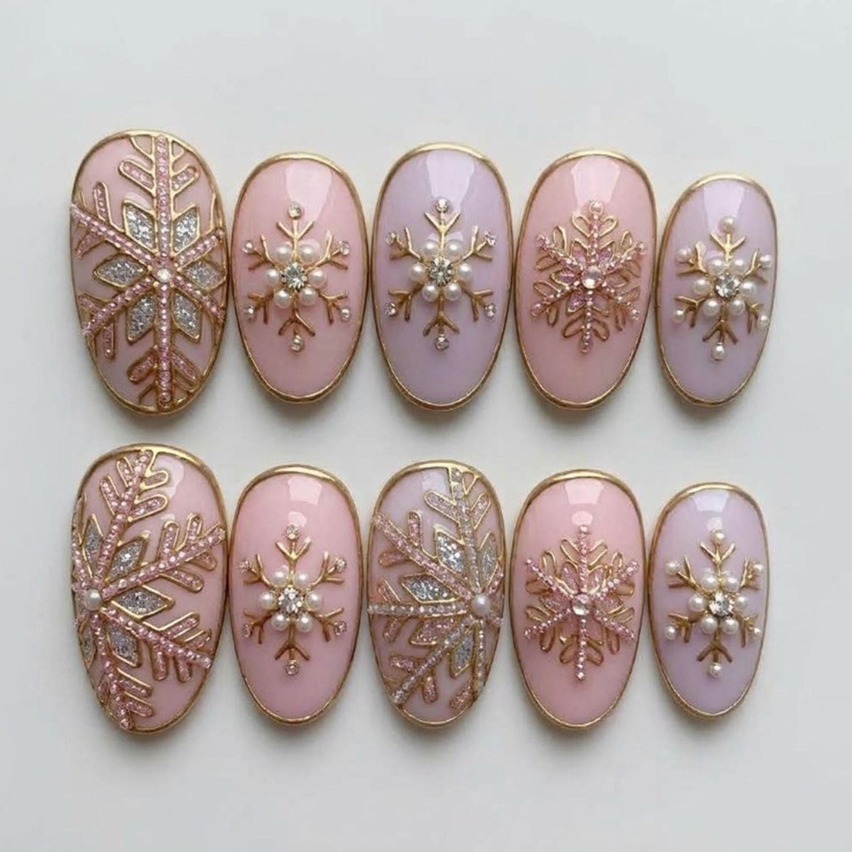 Pink and Lilac Snowflake Press On Nails with Gold Edging, Pearls and Rhinestones