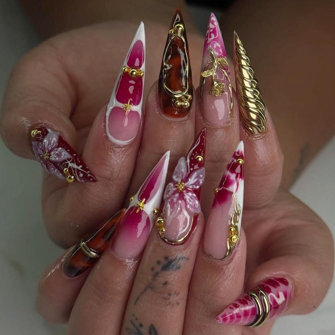 Pink and Magenta Floral Press-On Nails with Gold Ornaments