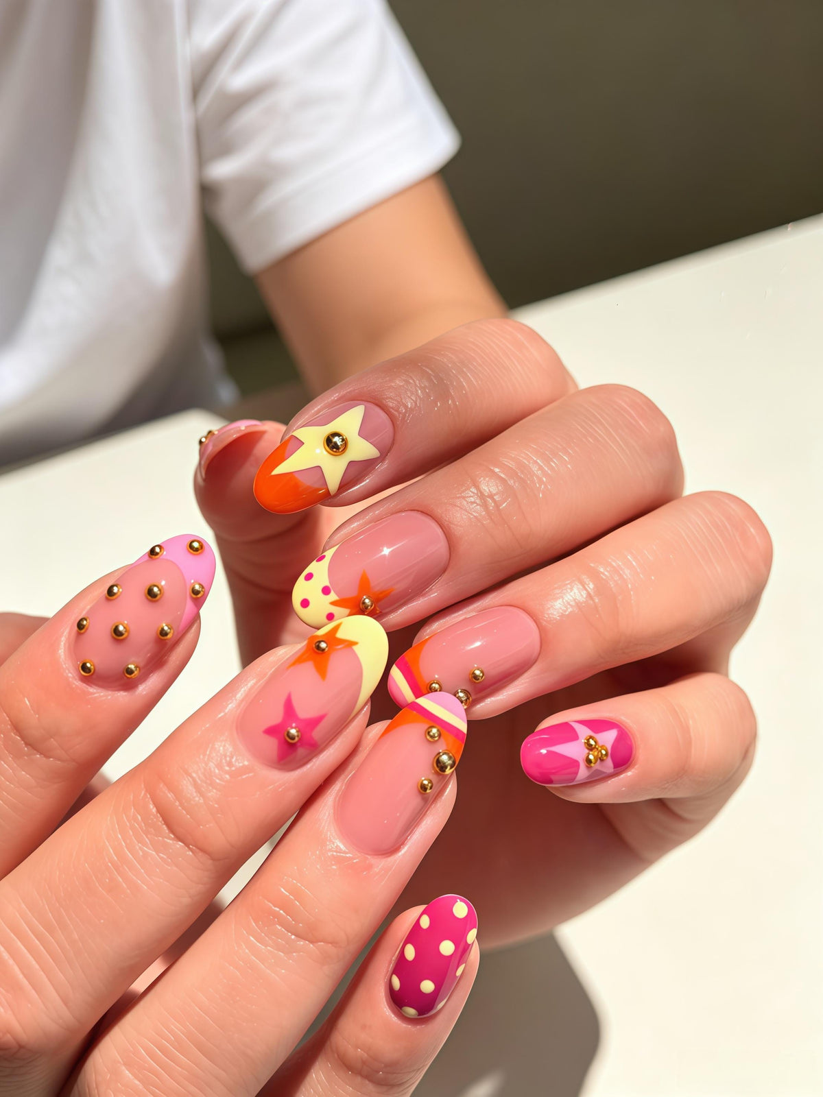 Pink and Nude Polka Dot Star Press On Nails with Gold Studs