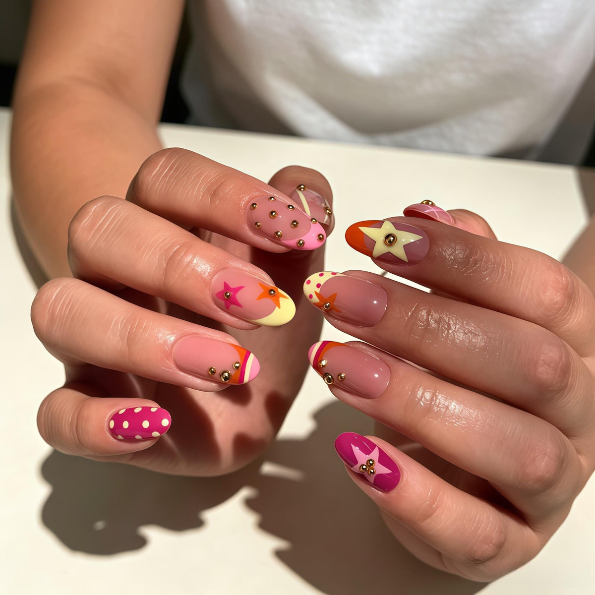 Pink and Nude Polka Dot Star Press On Nails with Gold Studs