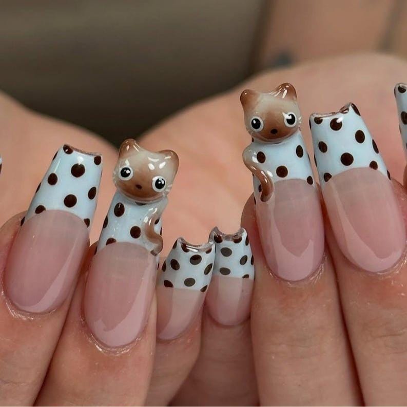 Pink and Pale Blue Polka Dot French Tip Cat Nail Set