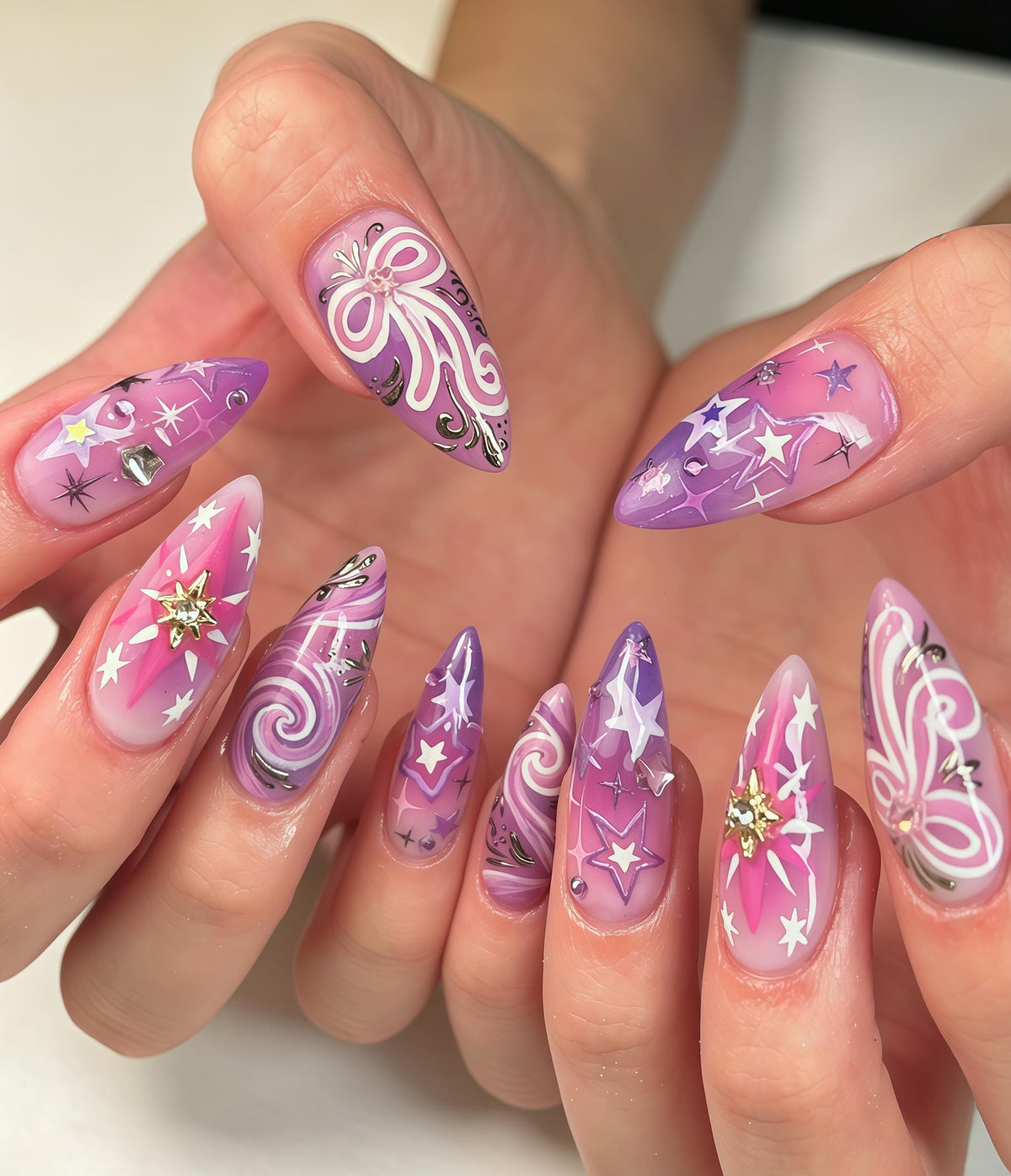 Pink and Purple Celestial Swirl Star Nail Set with Gold Starbursts