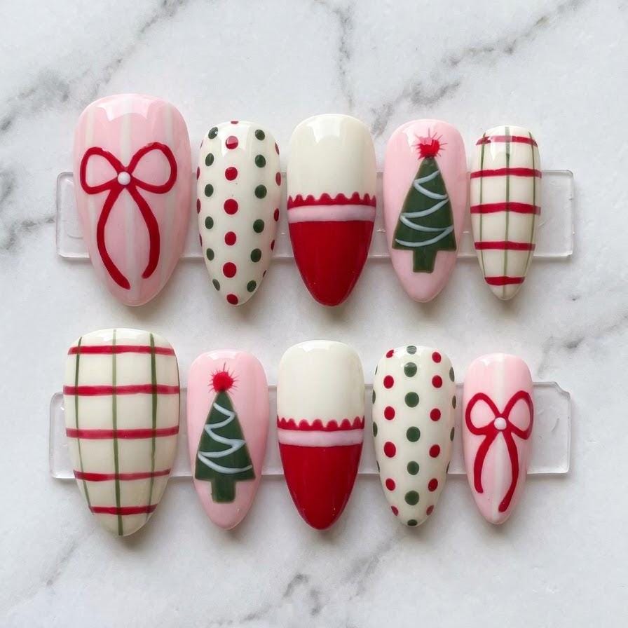 Pink and Red Christmas Plaid Press On Nails With Bows, Trees, and Polka Dots