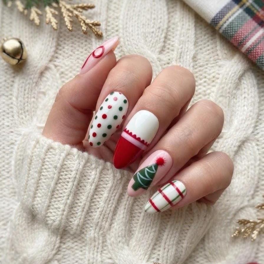 Pink and Red Christmas Plaid Press On Nails With Bows, Trees, and Polka Dots