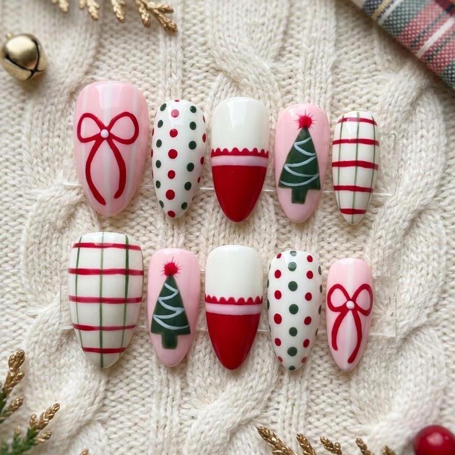Pink and Red Christmas Plaid Press On Nails With Bows, Trees, and Polka Dots