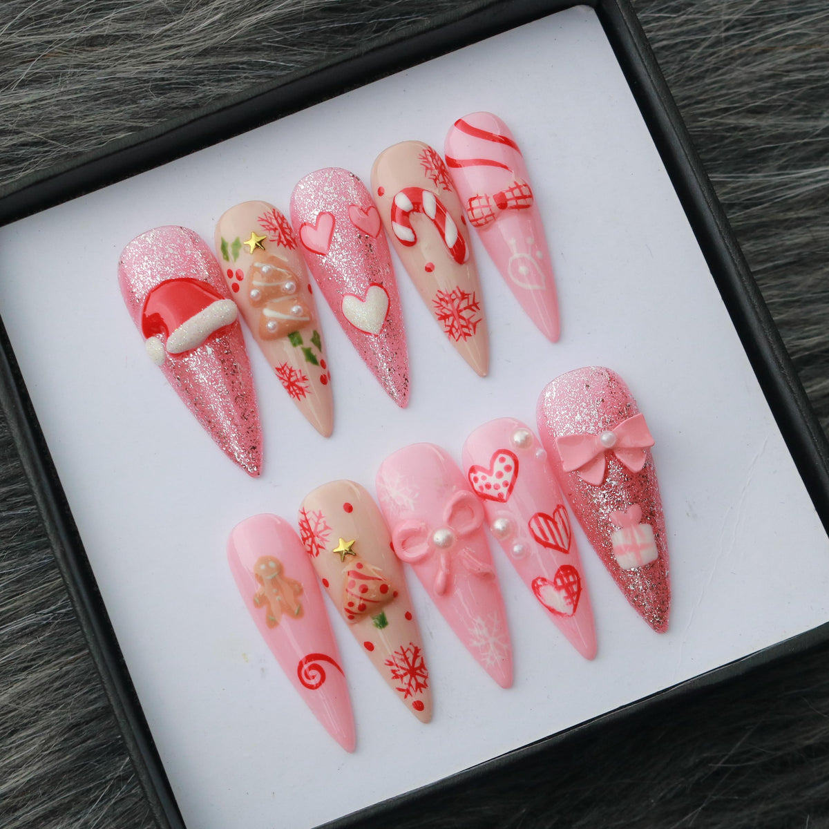 Pink and Red Christmas Press On Nails with 3D Bows, Gingerbread and Glitter