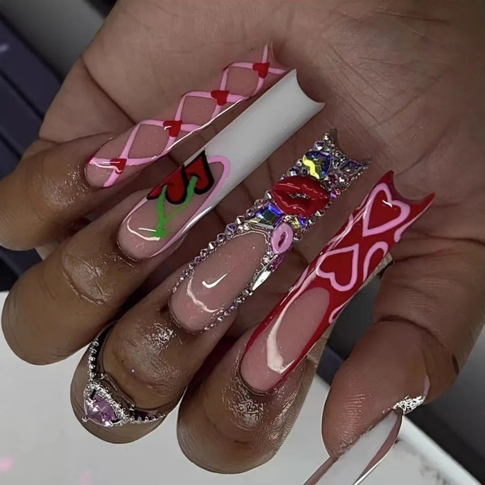 Pink and Red Heart Cherry French Tip Press On Nail Set with Rhinestones