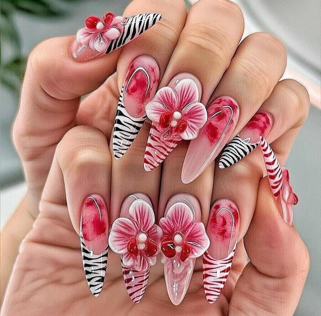 Pink and Red Marble Zebra Print Nails With 3D Flowers