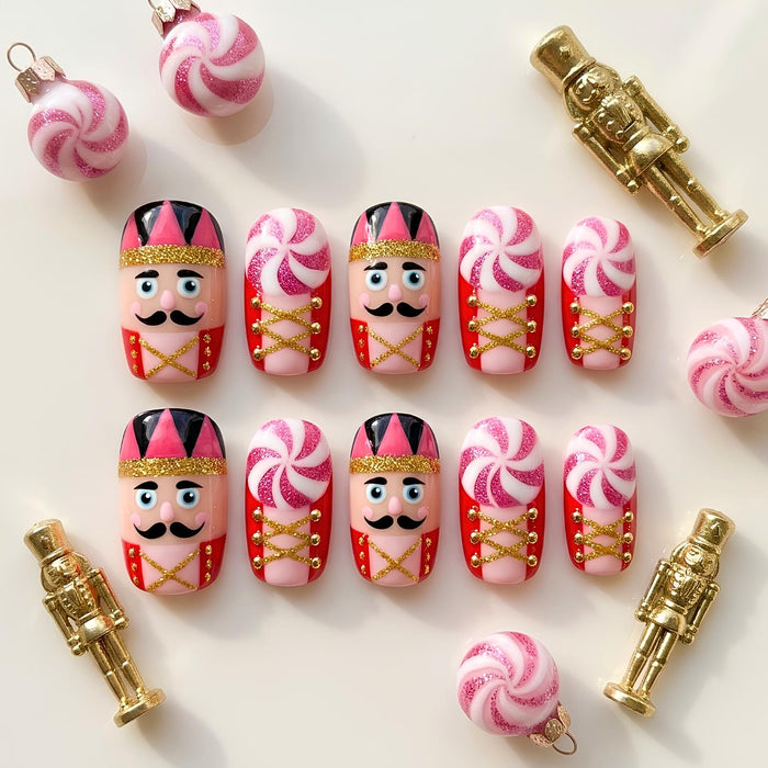 Pink and Red Nutcracker Peppermint Christmas Press On Nails
