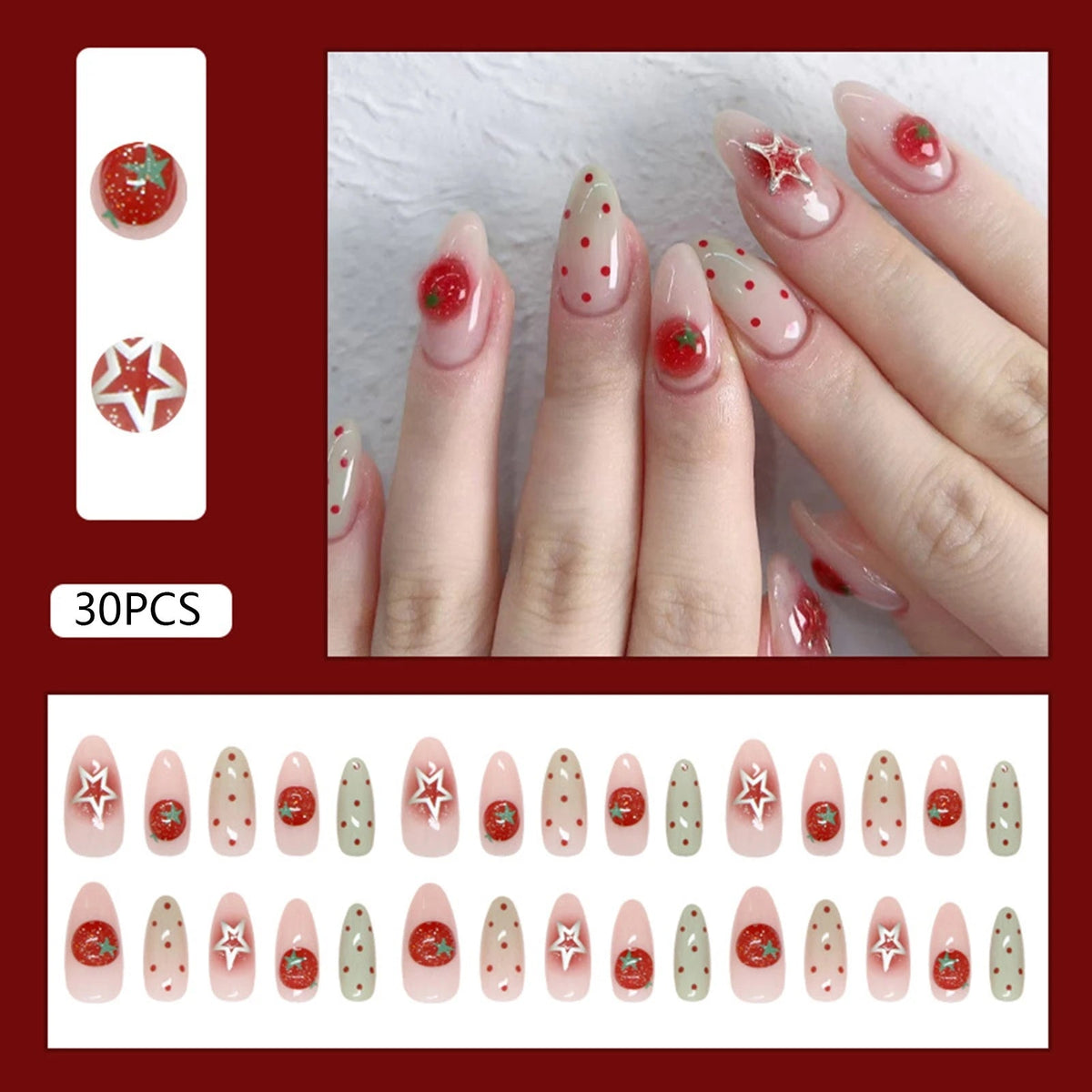 Pink and Red Star Press On Nails with Dots and Raised Details