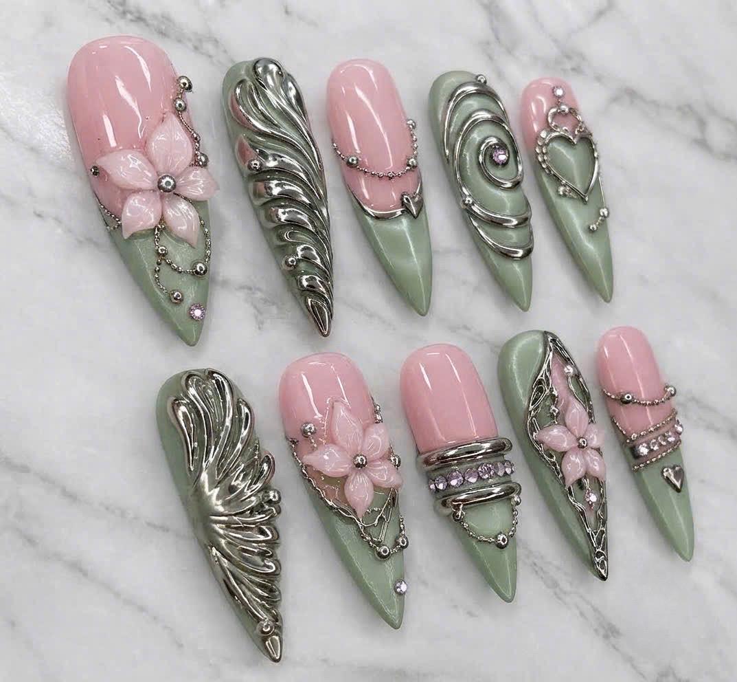 Pink and Sage Green 3D Flower Nails with Silver Chrome Details