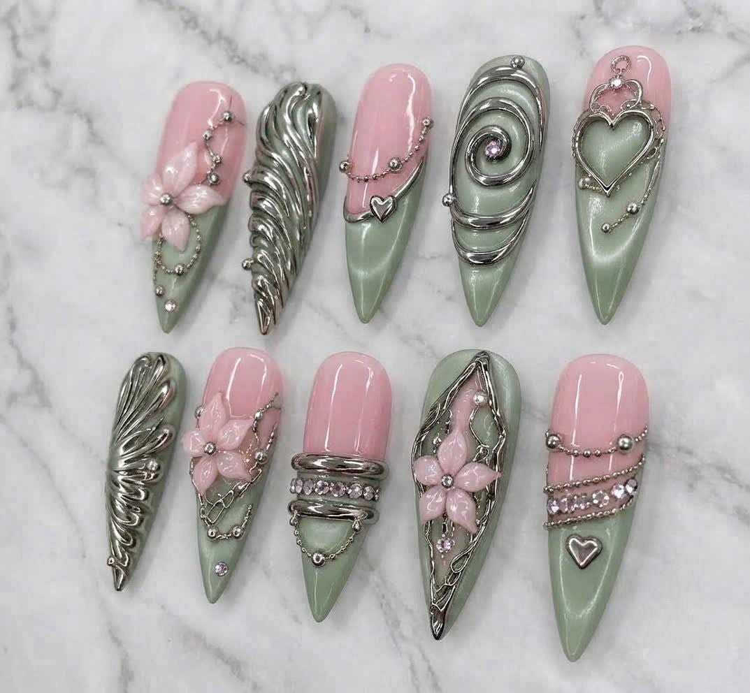 Pink and Sage Green 3D Flower Nails with Silver Chrome Details