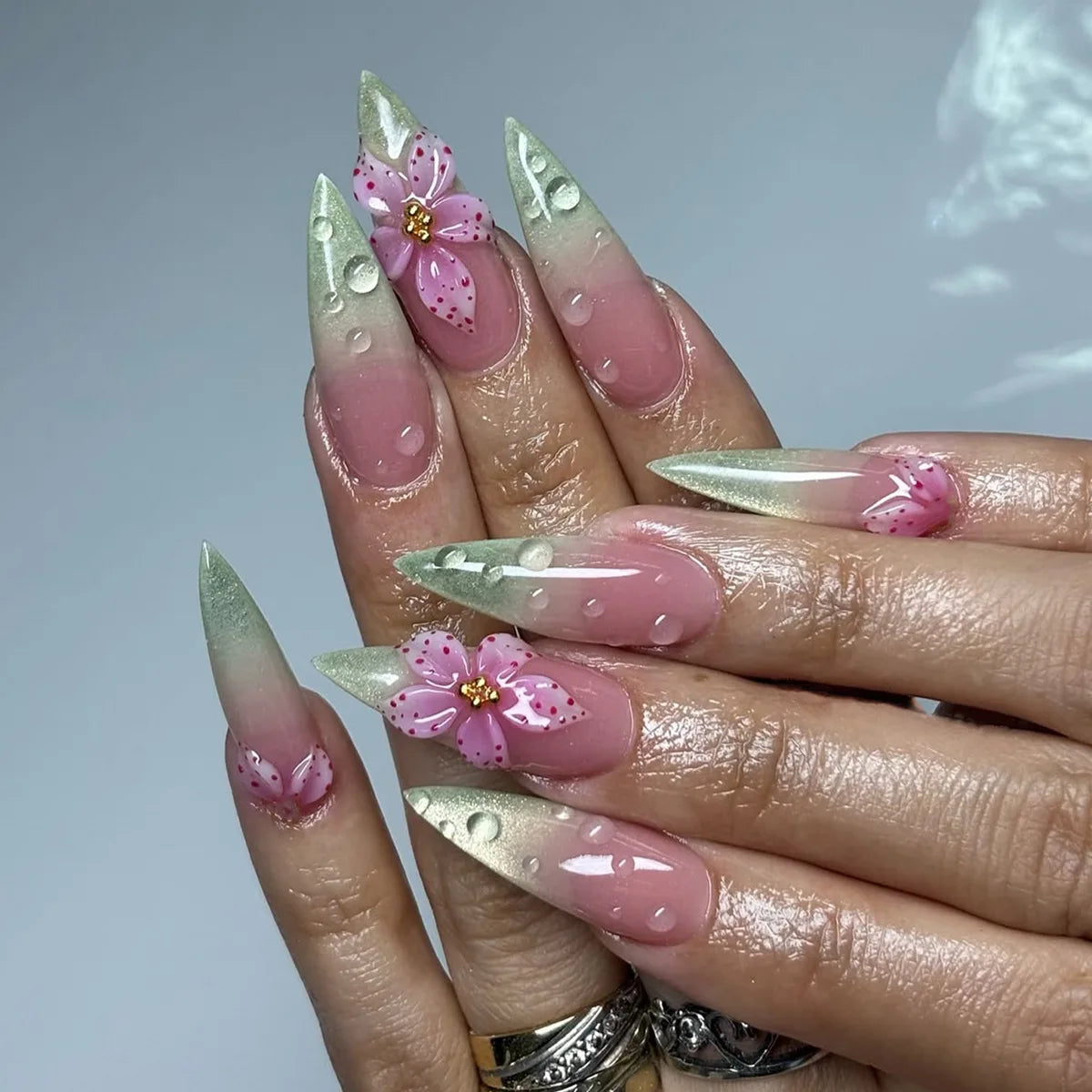 Pink and Sage Green Cat Eye Nails with 3D Flowers