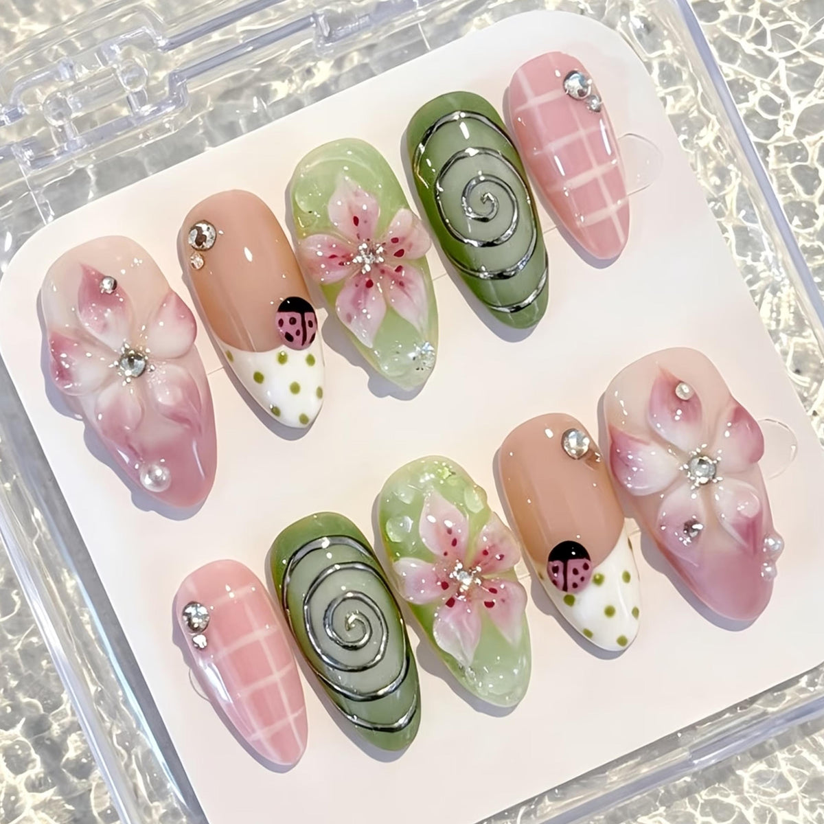 Pink and Sage Spring Garden Nails with 3D Flowers and Ladybugs