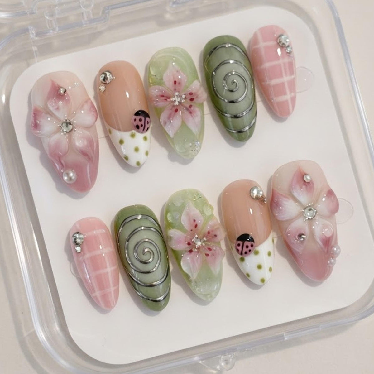 Pink and Sage Spring Garden Nails with 3D Flowers and Ladybugs