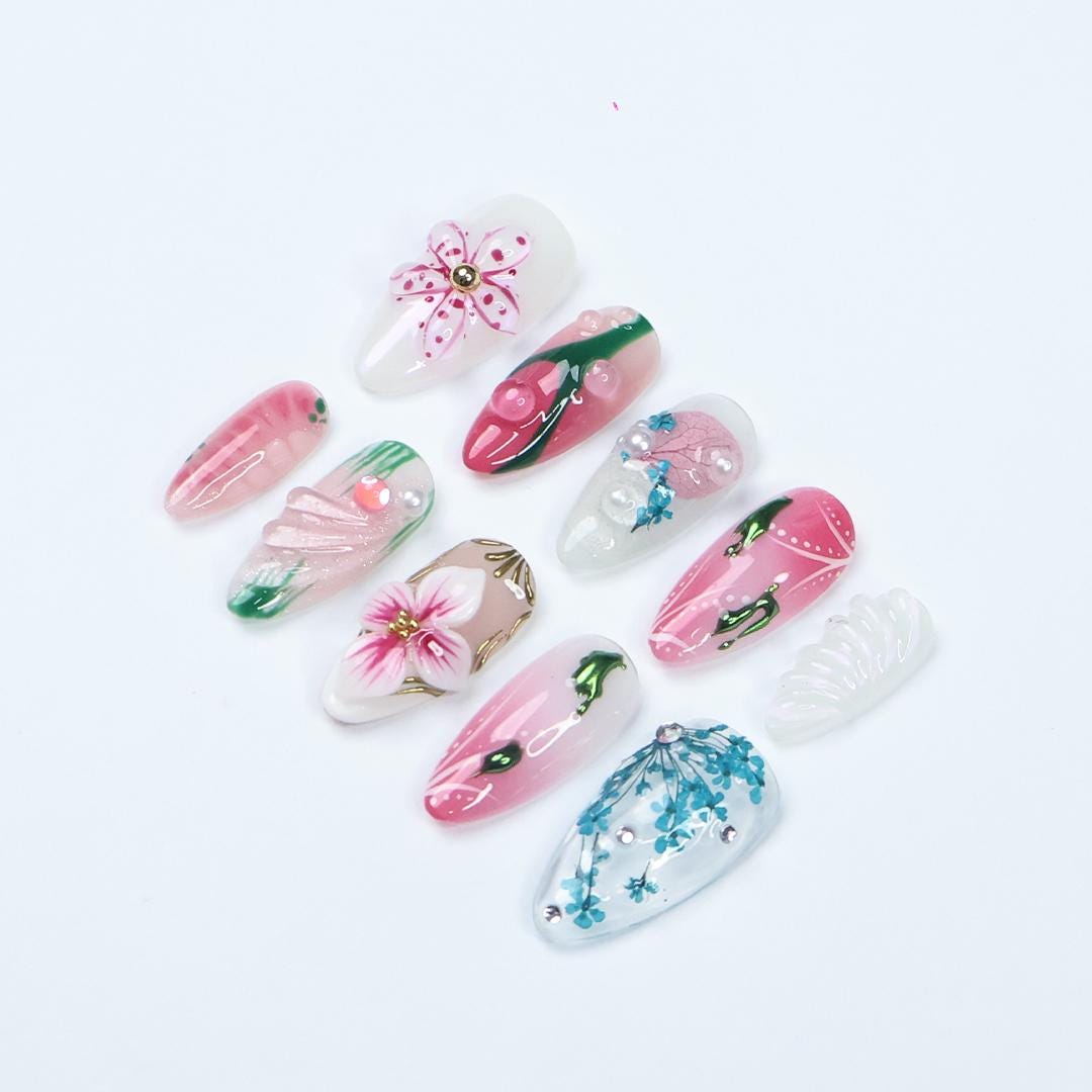 Pink and Teal Floral Vine Press On Nail Set with Raised Flowers