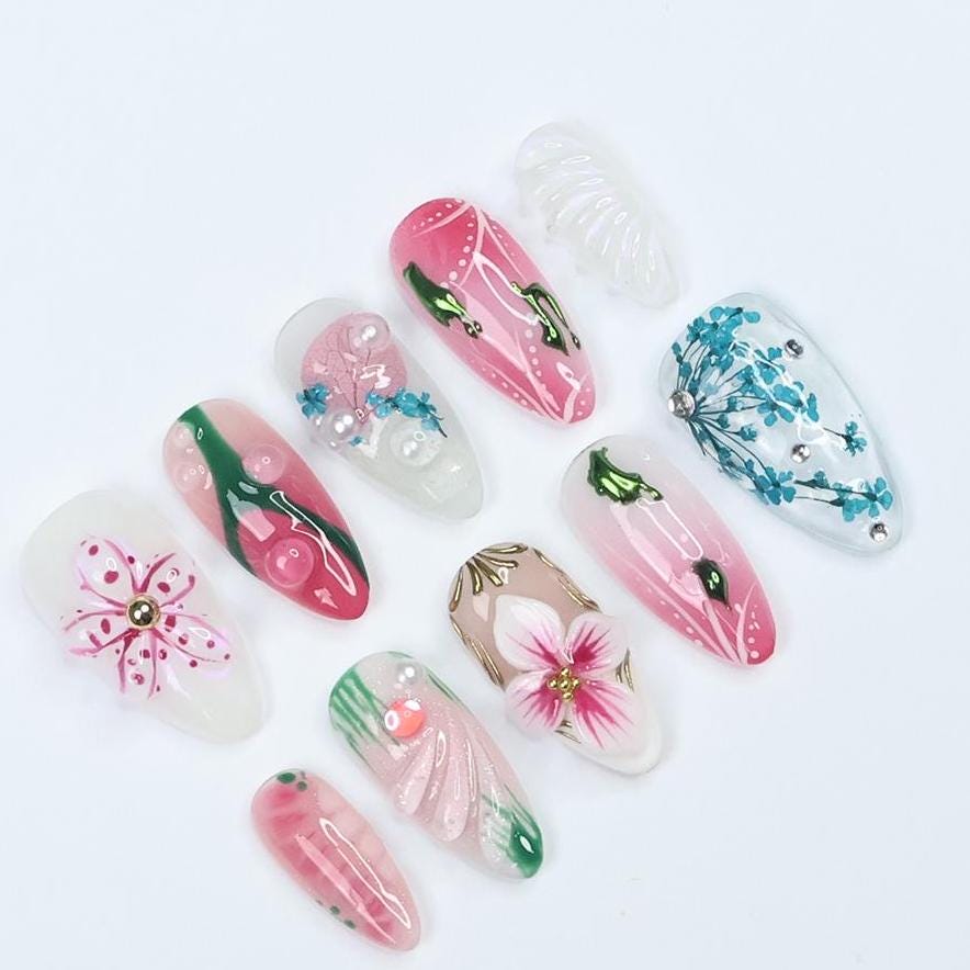 Pink and Teal Floral Vine Press On Nail Set with Raised Flowers