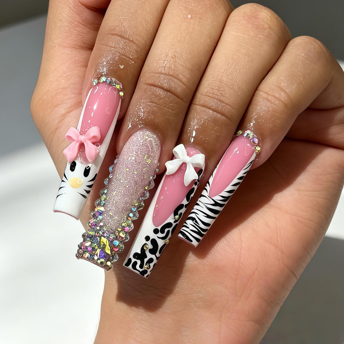 Pink and White Animal Print Press-On Nails with 3D Bows, Glitter and Rhinestones