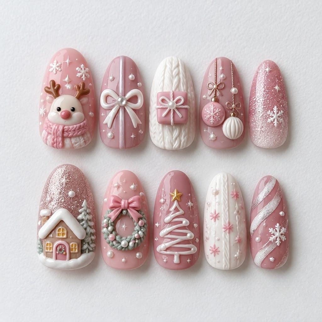 Pink and White Christmas Nails with 3D Reindeer, Bows, Wreath, and Glitter