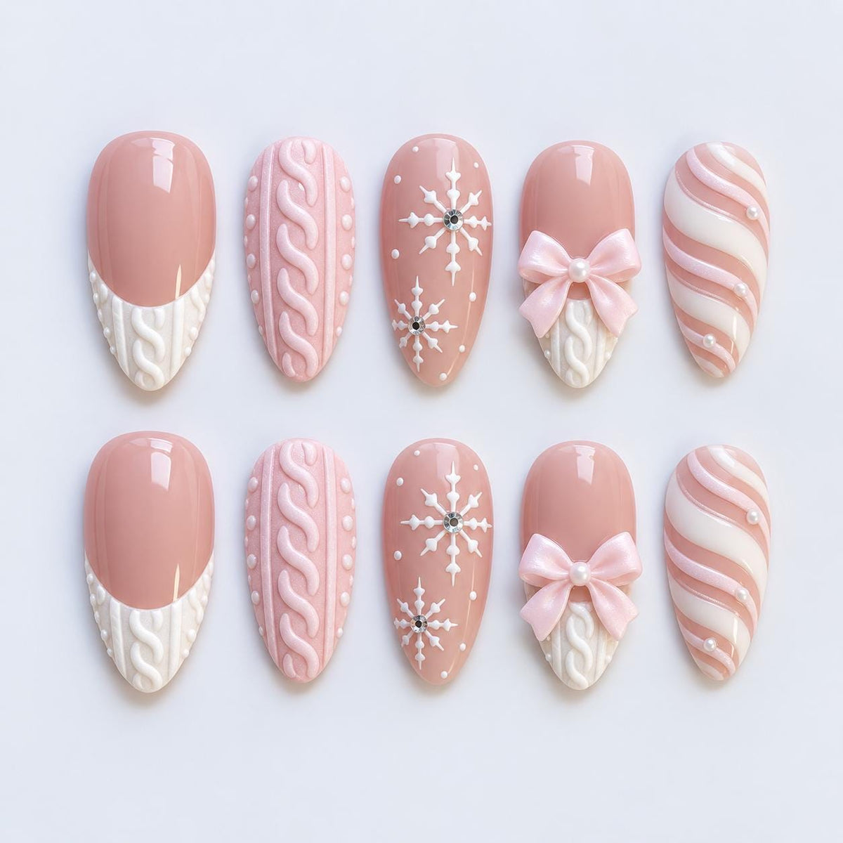 Pink and White Christmas Nails with Sweater Texture, Snowflakes and Bows